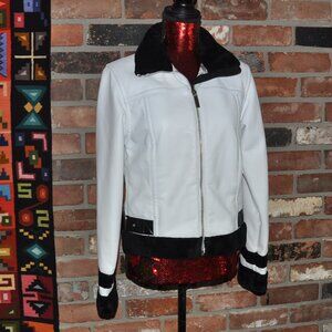Sypder White Faux Leather Moto Bomber Jacket Black Fleece Trim 8